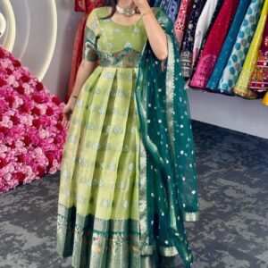 Green Festival Wear Jacquard Kota Silk Anarkali Suits