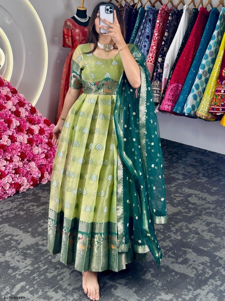 green festival wear jacquard k 1720876766 Green Festival Wear Jacquard Kota Silk Anarkali Suits
