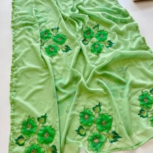 Green Flower Heavy Handwork Soft Georgette Saree
