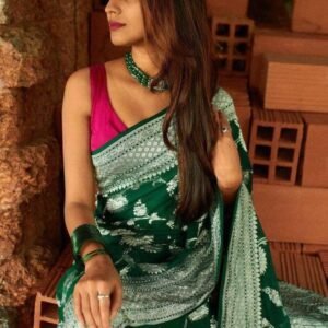 Green Flower Work Pure Silk Saree With Copper Zari