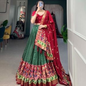Green Foil Print With Patola Tussar Silk Lehenga