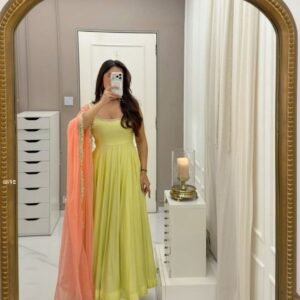 Green Fox Georgette Anarkali Gown with Dupatta And Palazzo