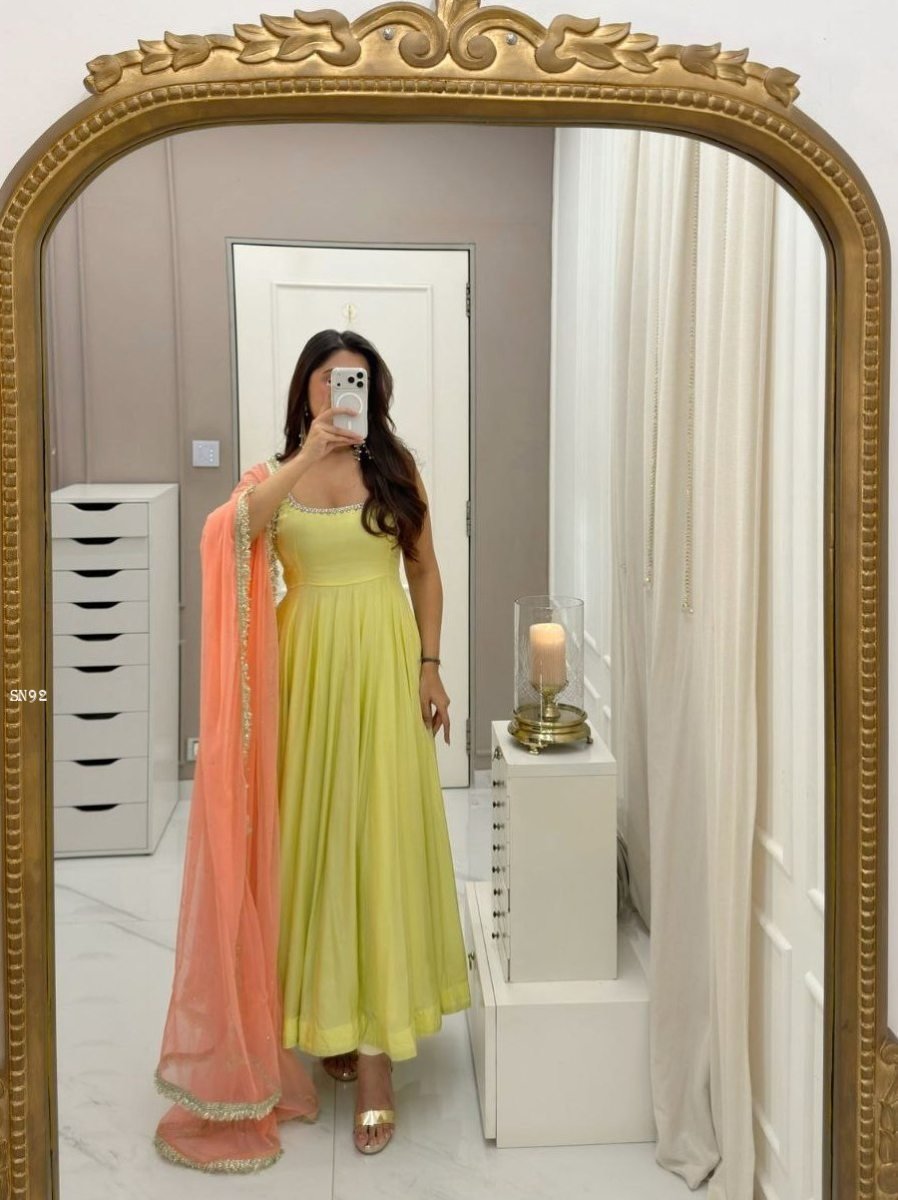 green fox georgette anarkali g 1777877589 Green Fox Georgette Anarkali Gown with Dupatta And Palazzo