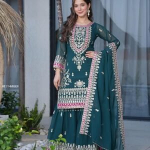 Green Fox Georgette Embroidered Sharara Set with Sequence Work