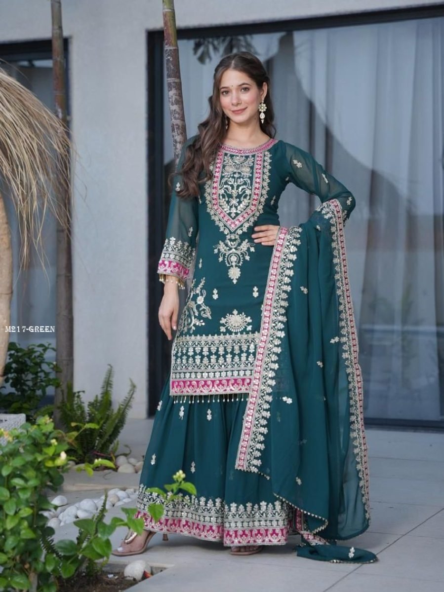 green fox georgette embroidere 1772528255 Green Fox Georgette Embroidered Sharara Set with Sequence Work