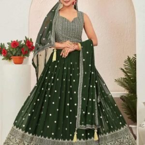 Green Georgette Embroidered Stitched Lehenga Choli