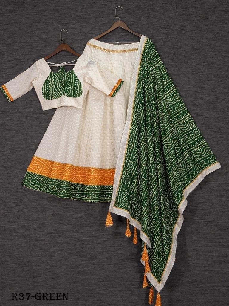 green gota patti lace bandhej 1718009645 Green Gota Patti Lace Bandhej Printed Cotton Lehenga Choli