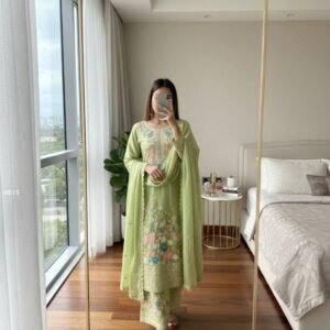 Green Heavy Chinon Silk Pakistani Suit With Embroidery Work
