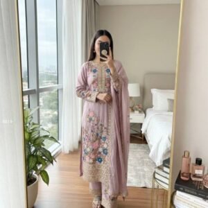 Lavender Chinon Silk Palazzo Suit Set With Cutwork Dupatta