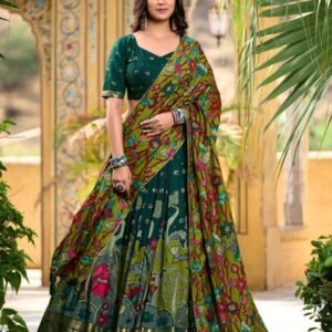 Green Kalamkari Print Tussar Silk Lehenga Choli With Gota Patti Border Dupatta