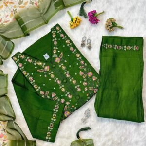 Green Muslin Hand Work Kurti Pant Dupatta Set