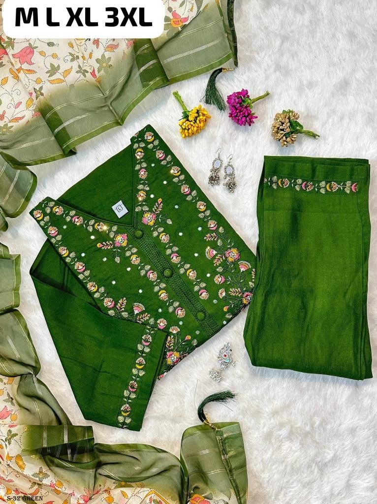 green muslin hand work kurti p 1725360306 Green Muslin Hand Work Kurti Pant Dupatta Set