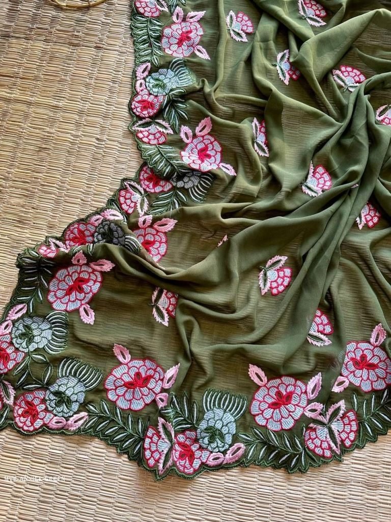 green party wear anniee embroi 1715249204 Green Party Wear Anniee Embroidery Work Georgette Saree