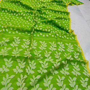 Green Pearl Print Jharapata Muslin Cotton Soft Jamdani Saree