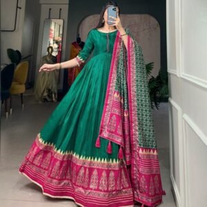 Green Readymade Foil Printed Tussar Silk Gown With Dupatta