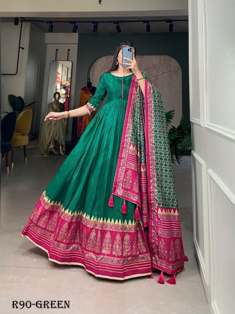 green readymade foil printed t 1719481736 Green Readymade Foil Printed Tussar Silk Gown With Dupatta