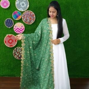 Green Readymade Georgette Butti Gown With Dupatta