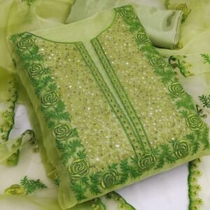 Green Sequense Work Organza Dress Material