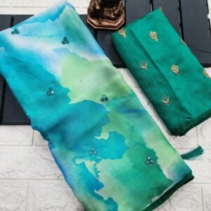 Green Shibori Printed Chiffon Saree With Mirror Work