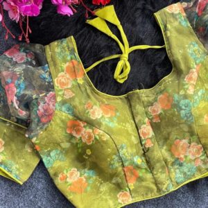 Green Sobha Flower Printed Organza Readymade Blouse