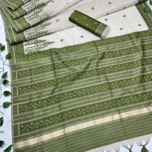 Green Soft Muga Silk Saree With Tassels