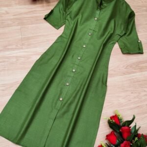 Green Wooden Button With Pocket Cotton Kurti