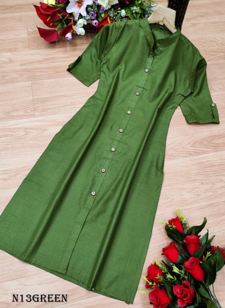 green wooden button with pocke 1719486722 Green Wooden Button With Pocket Cotton Kurti