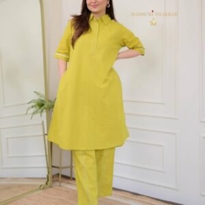 Greenish Yellow Stylish Mul Cotton Coord Set
