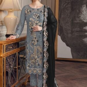 Grey and Black Color Embroidered Fox Georgette Suit Set