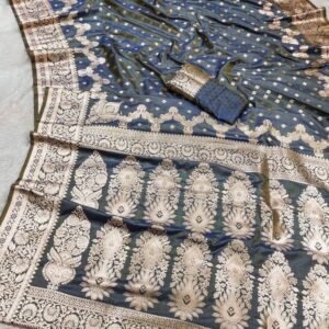 Grey And Mehendi Two Tone Rich Pallu Pure Banarasi Silk Saree