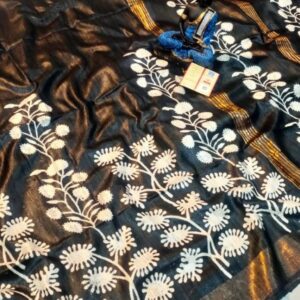 Grey And White Leaf Screen Printed Original Tussar Ghicha Silk Saree