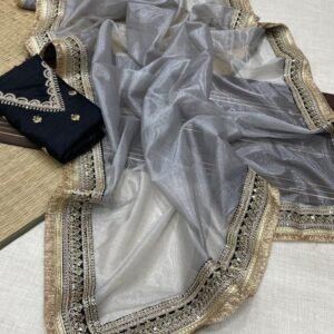 Grey Attractive And Beautiful Soft Zari Tissue Saree With Cording Work