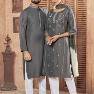 Grey Color Mens And Ladies Kurta Couple Set
