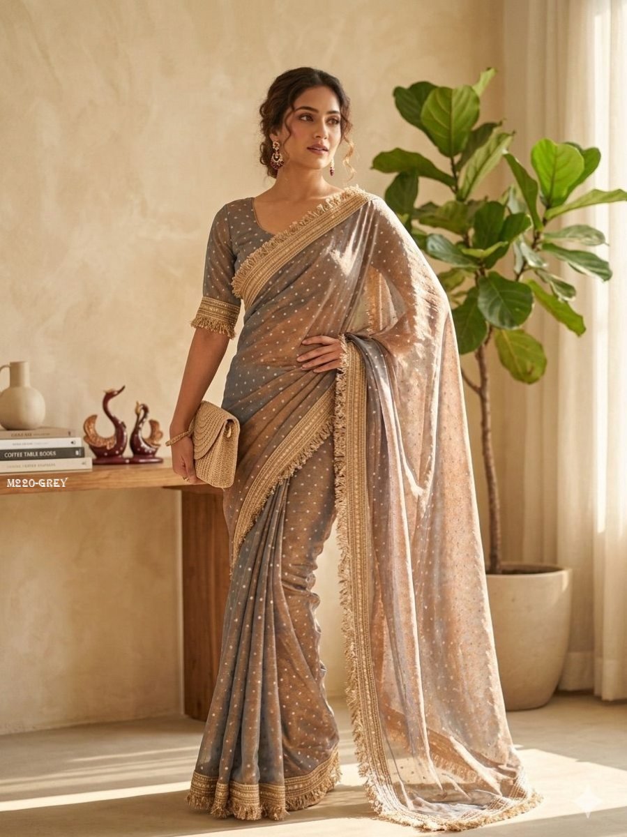 grey designer saree with elega 1773310077 Grey Designer Saree With Elegant Dotted Butti Work