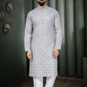 Grey Embroidery Mirror Work Cotton Men Kurta
