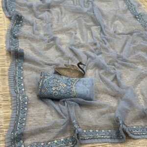 Grey Fancy Party Wear Net Saree with Embroidery Work