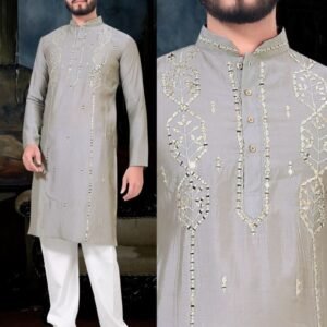 Grey Men Wedding Wear Viscose Kurta With Pajama