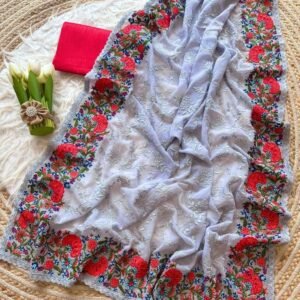 Grey Pure Georgette Silk Embroidery Work Saree