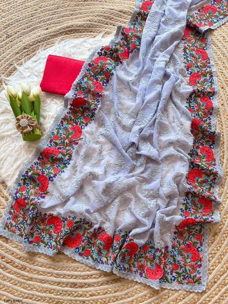 grey pure georgett silk flower 1723712241 Grey Pure Georgette Silk Embroidery Work Saree