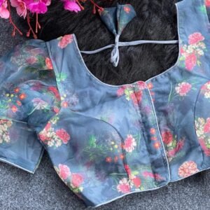 Grey Sobha Flower Printed Organza Readymade Blouse