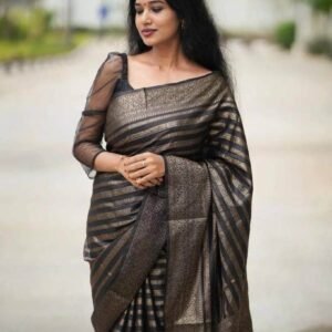 Grey Striped Pattern Banarasi Soft Silk Saree with Copper Zari Work