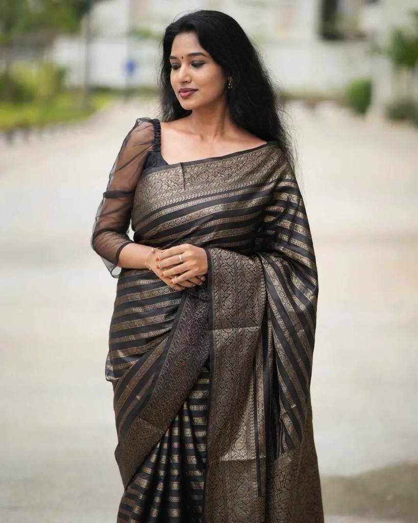 grey striped pattern banarasi 1711798962 Grey Striped Pattern Banarasi Soft Silk Saree with Copper Zari Work