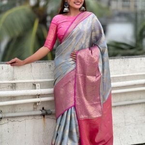 Grey Traditional Kanjivaram Tissues Pattu Saree With Zari Work