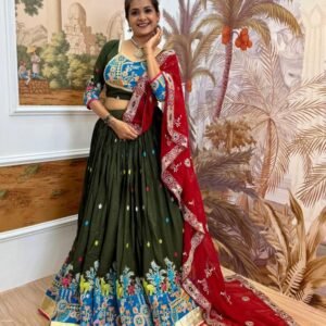 Gujarati Style Green Embroidered Lehenga Choli with 4 Mtr Flair