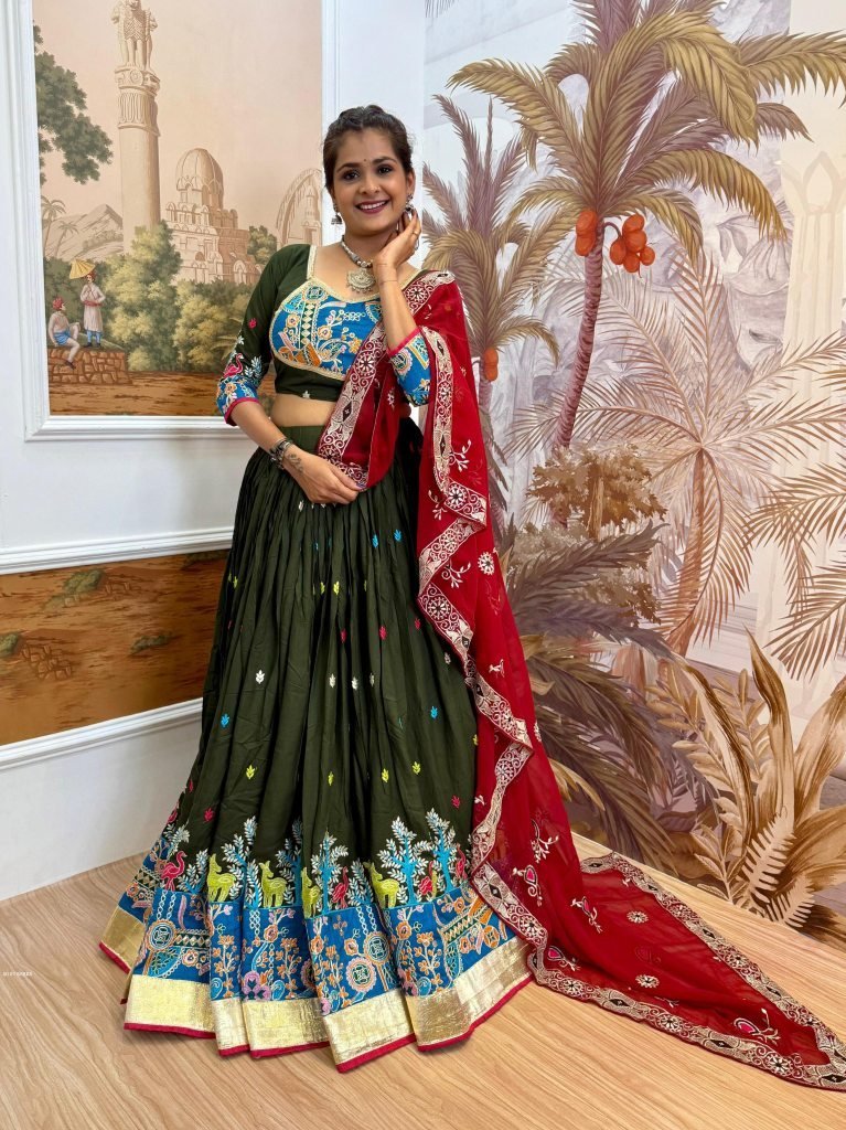 gujarati style green embroider 1754568715 Gujarati Style Green Embroidered Lehenga Choli with 4 Mtr Flair