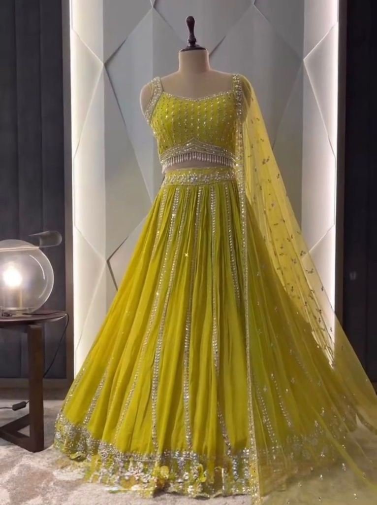 haldi ceremony sequence work f 1736309345 Haldi Ceremony Sequence Work Faux Georgette Lehenga Choli With 3 Mtr Flair