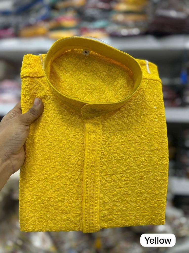 haldi special chikan work rayo 1729075796 Haldi Special Chikan Work Rayon Kurta Pyjama