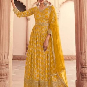 Haldi Special DIF 503 B Yellow Dola Jacquard Gown