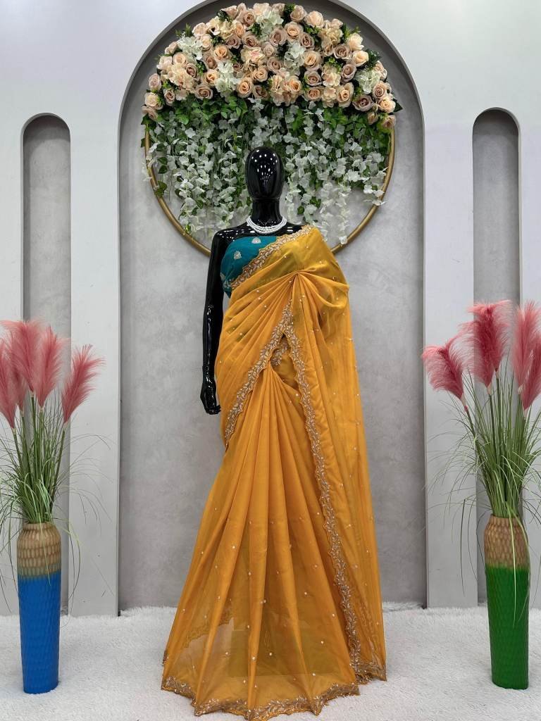 haldi special mustard yellow t 1710930190 haldi special mustard yellow tebby silk saree with tread and moti work
