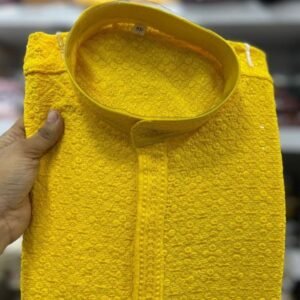 Haldi Special Rayon Chikan Work Yellow Kurta With Pyjama